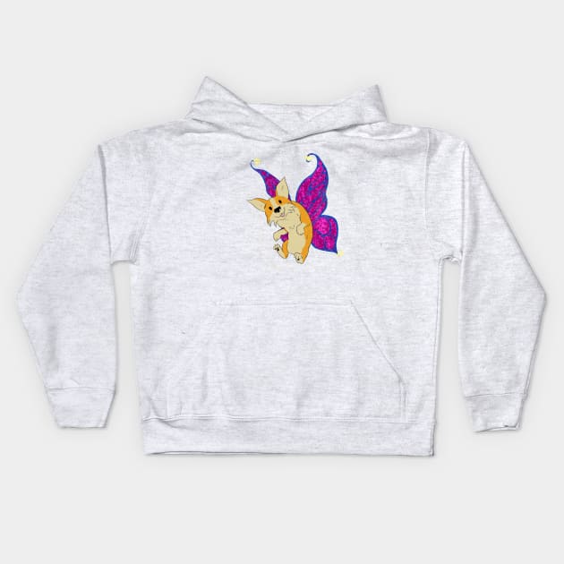 Corgifly Fly By Kids Hoodie by Dave